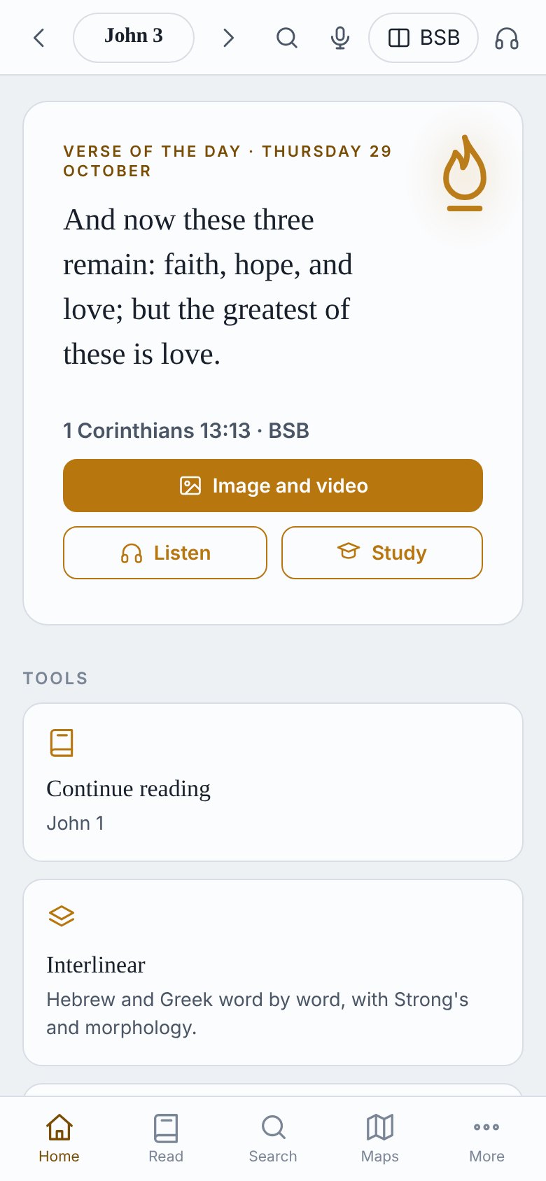 Pochodnia home screen on a phone: verse of the day and tools