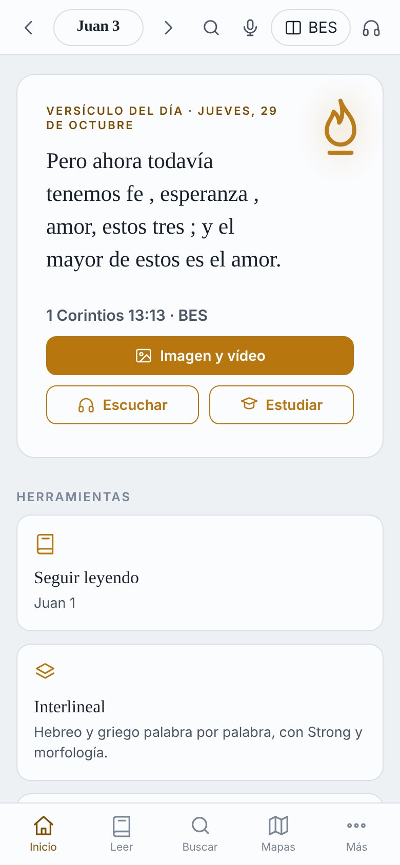 Pantalla de inicio de Pochodnia en el teléfono: versículo del día y herramientas